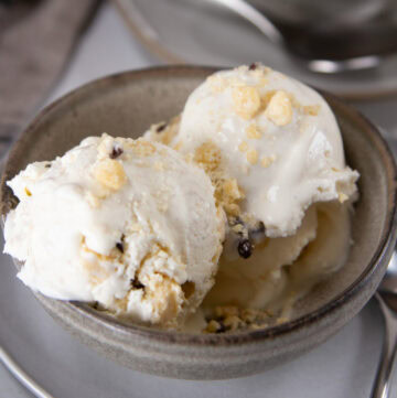 square crop of a bowl of cookie dough ice cream.