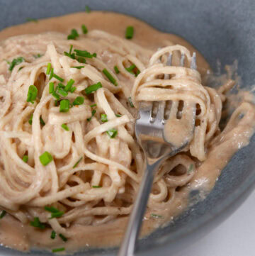 square crop of a plate of pasta in sauce with a fork on the right.