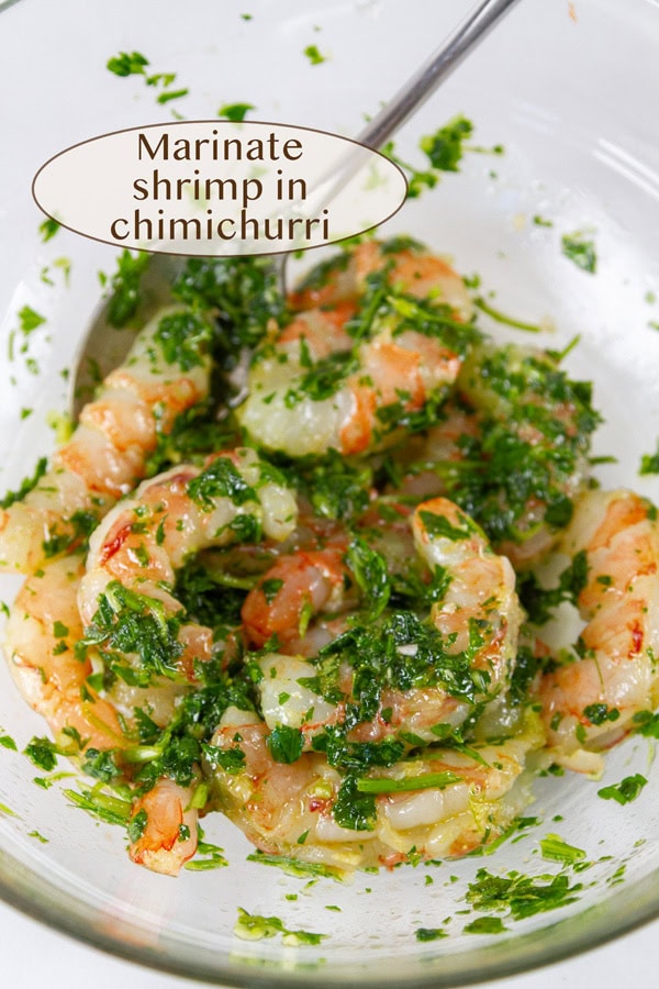raw shrimp in chimichurri in a bowl with a spoon in the bowl.