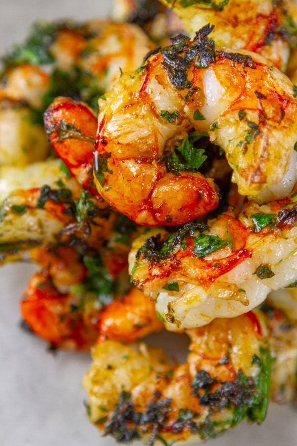 grilled chimichurri shrimp in a pile.