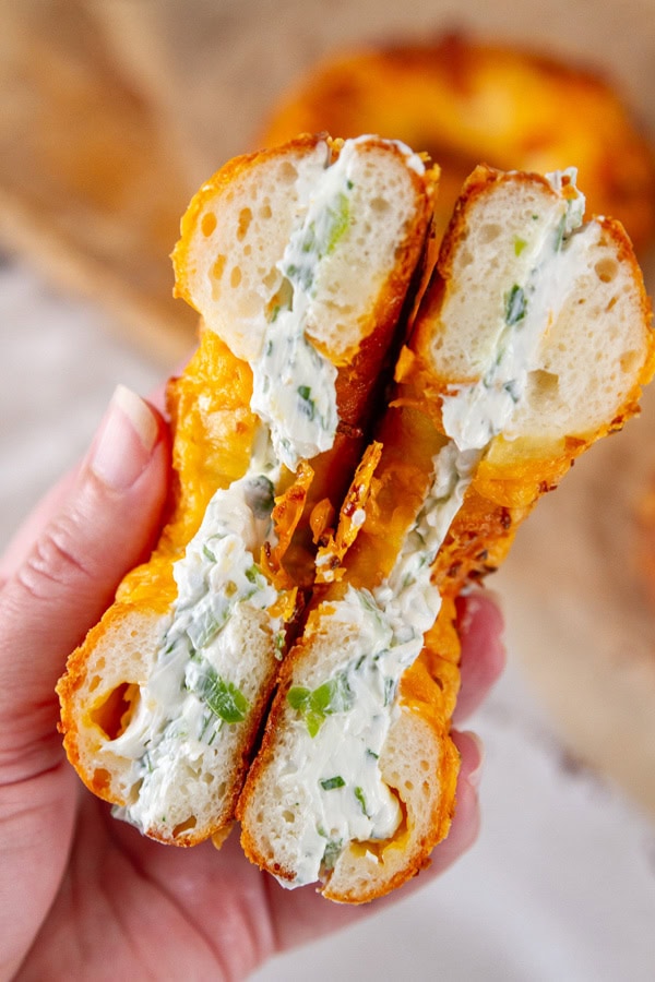 loaded bagel stuffed with herb cream cheese.