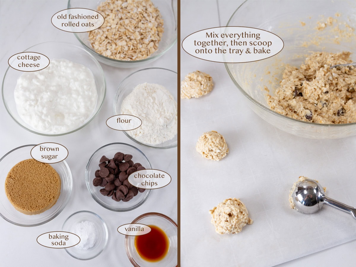 ingredients on left and scooping cookie dough on right.