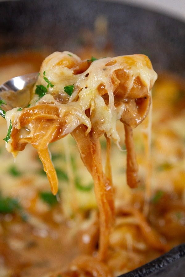 a spoonful of onions, cheese, and gnocchi.