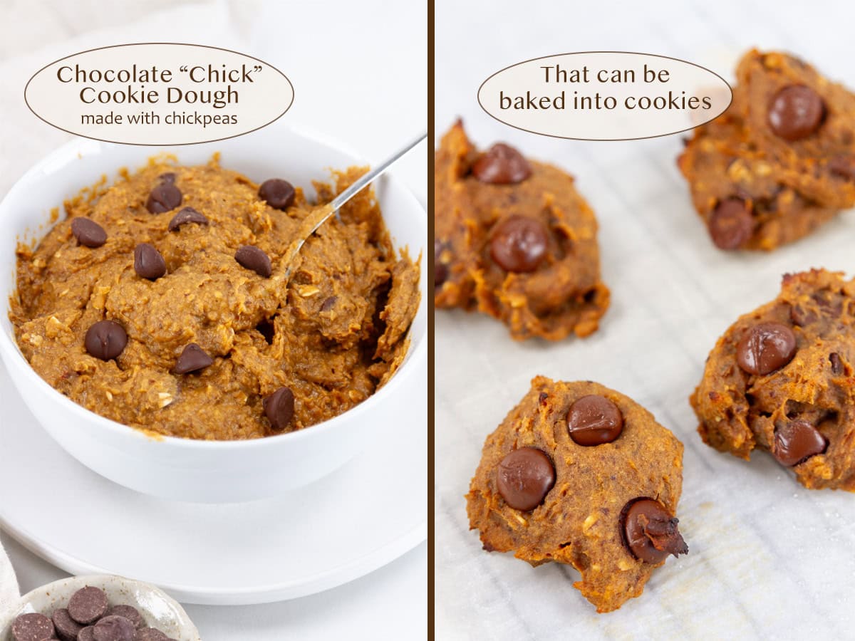 chocolate "chick" cookie dough in a bowl with a spoon on left and baked into cookies on right.