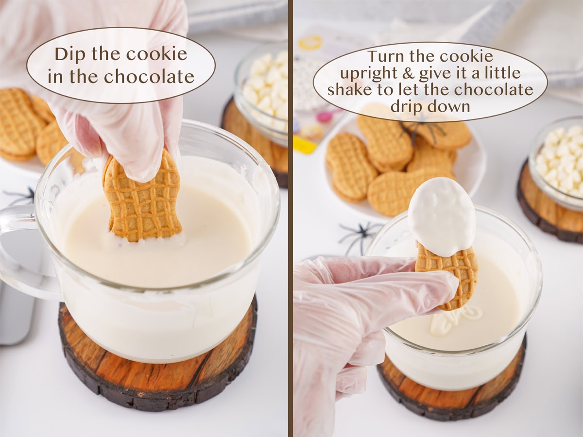 dipping the cookie in melted chocolate to create the ghost.