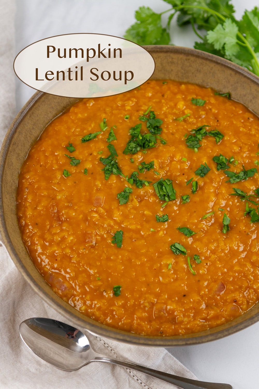 looking down into a brown bowl filled with pumpkin sou and a spoon on the lower left.