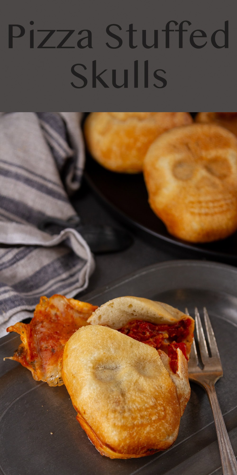 a pizza cut up to show the fillings on a plate with a fork.