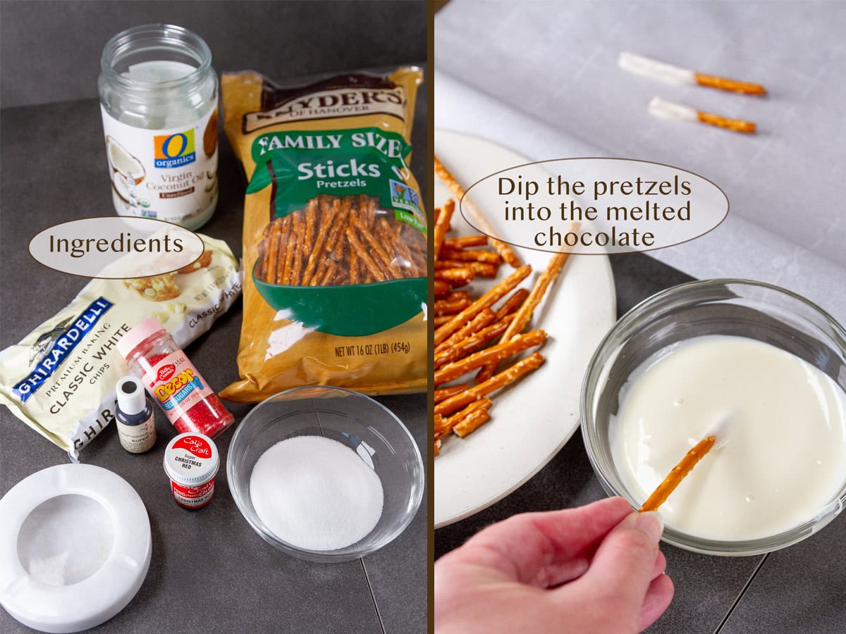 ingredients on left and dipping a pretzel into white chocolate on right.