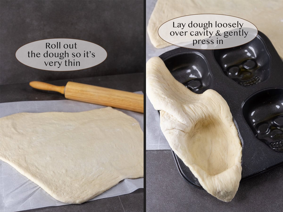 rolling out dough on left and pressing it into the baking mold on right.