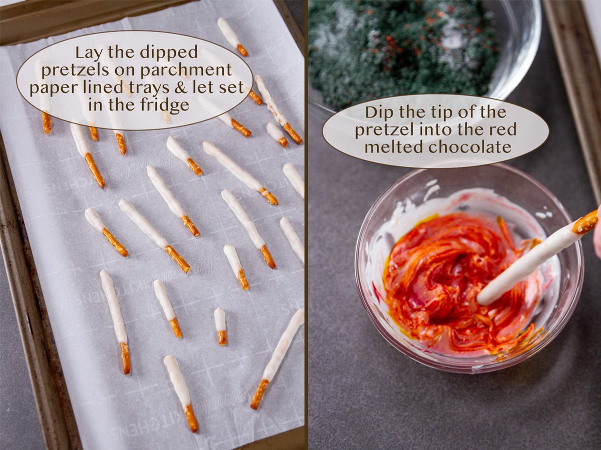 dipped pretzels on left and dipping one into red chocolate on right.
