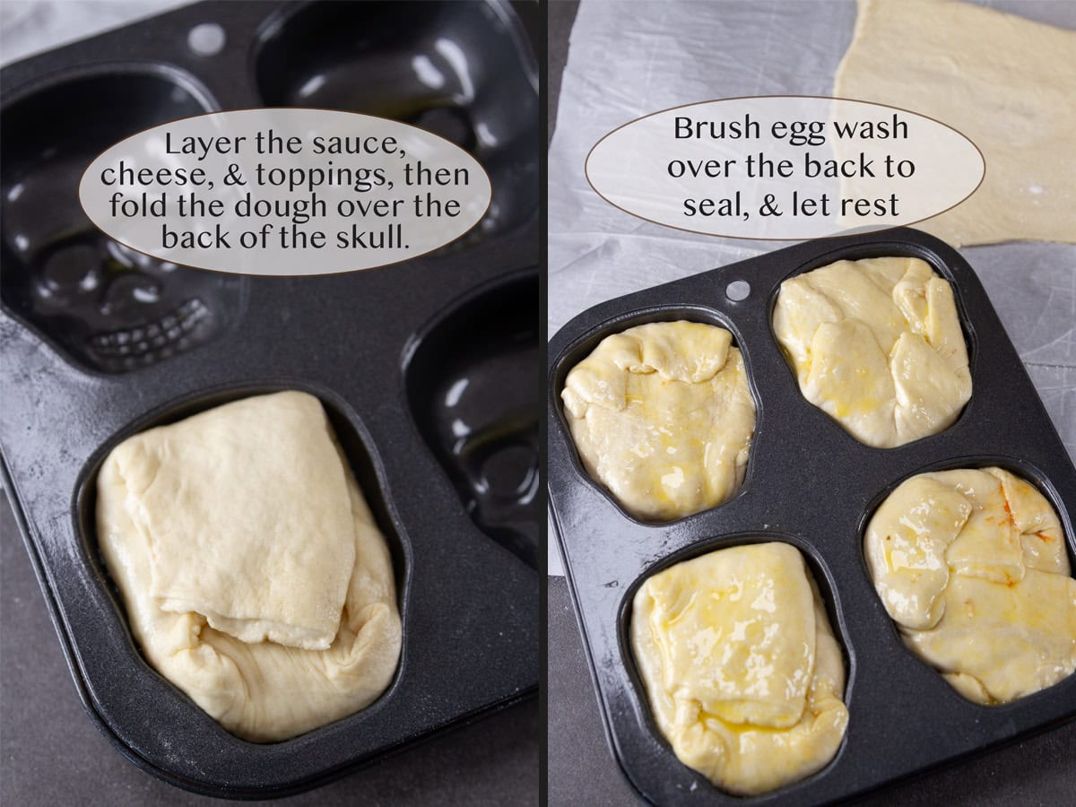 dough folded up over the fillings on left and with egg wash on right.