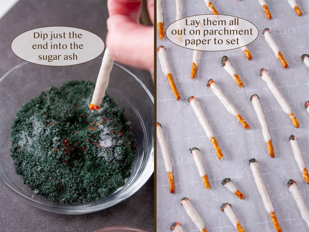 dipping the pretzel into sugar ash on left and lining them on a tray on right.