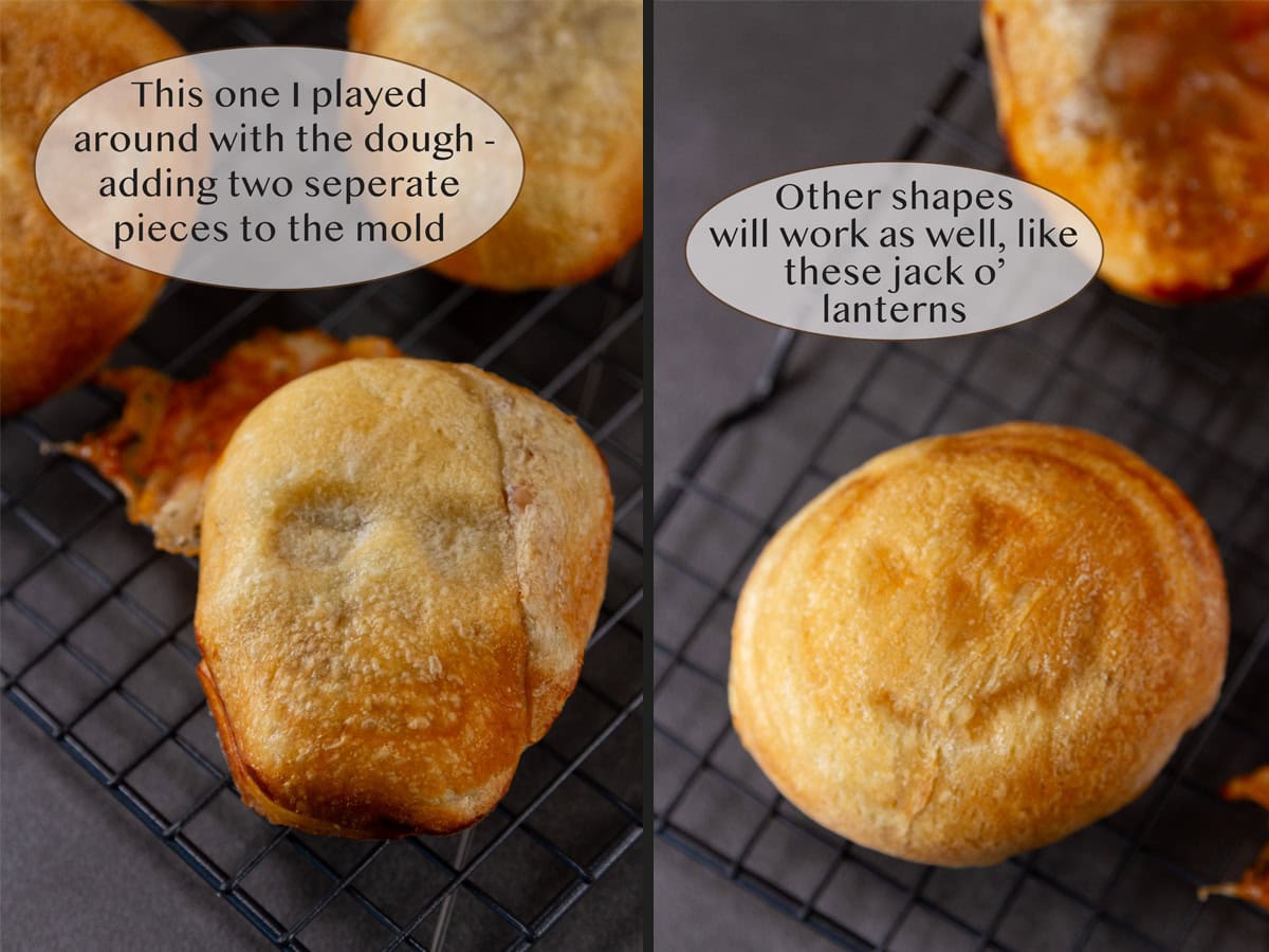 a baked skull that leaked out on left and a pizza jack o' lantern on right.