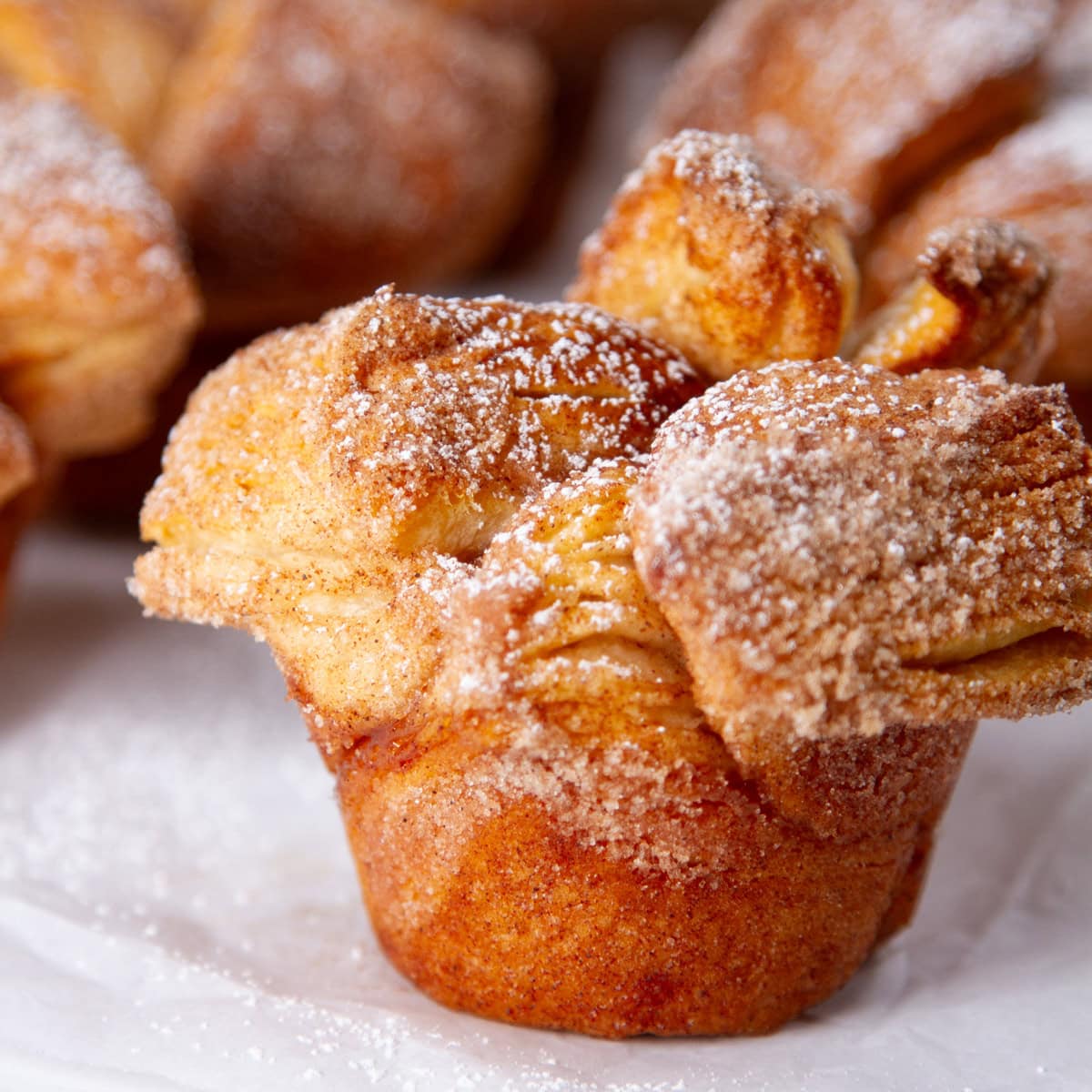 square crop of a cinnamon sugar muffin bun in front of some other buns.