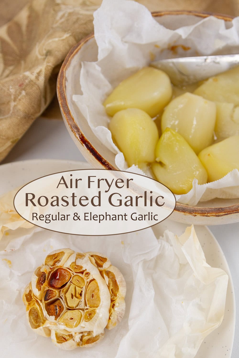 roasted garlic still in the head in the lower left and elephant garlic in a dish in the upper right.