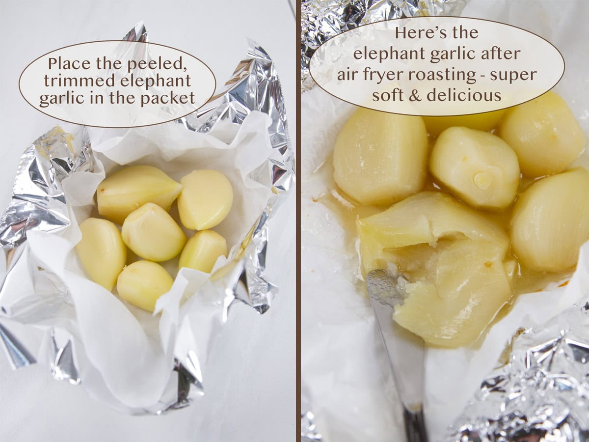 peeled trimmed elephant garlic in foil on left and after roasting on right.