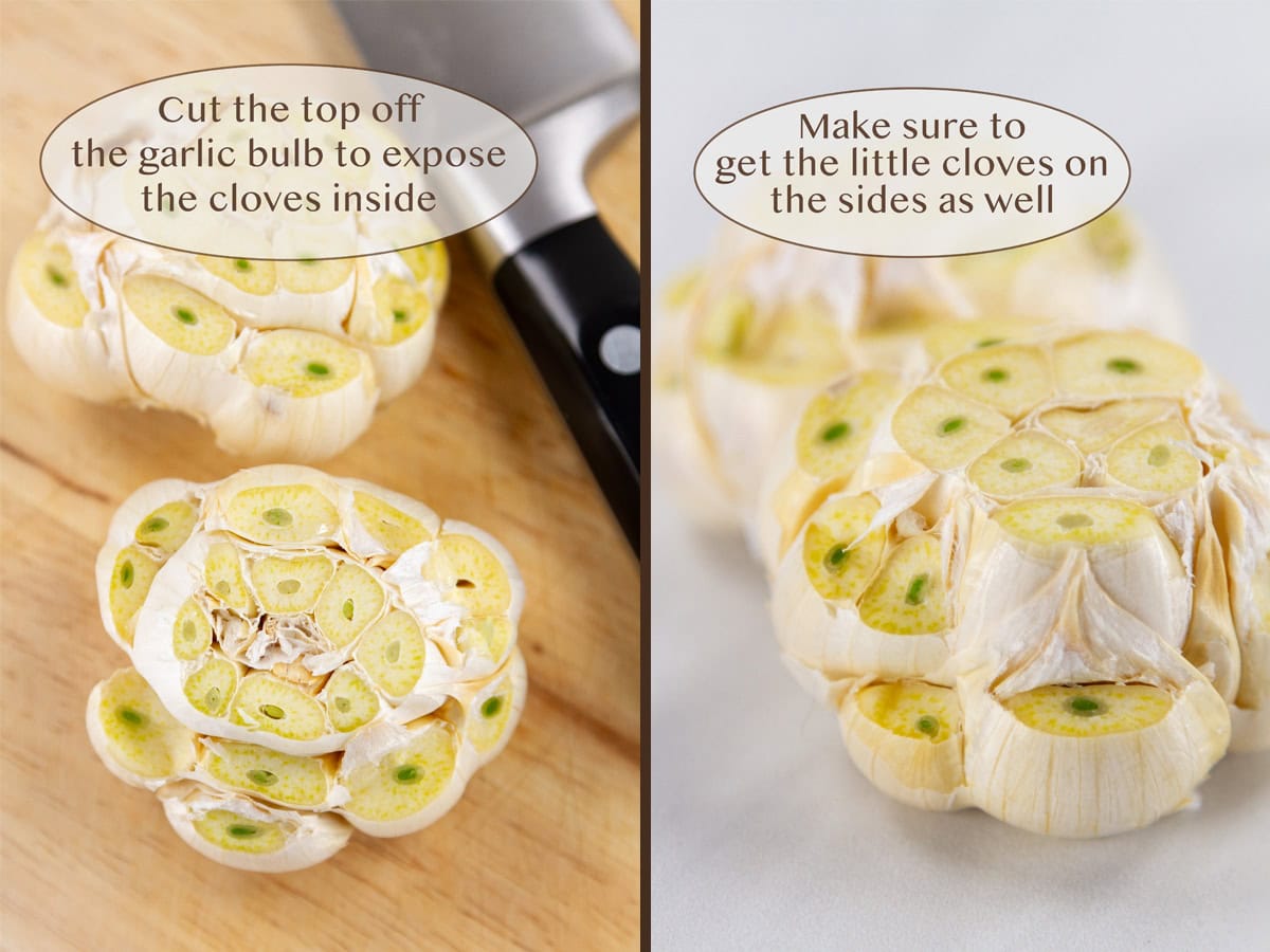 cutting garlic bulbs open.