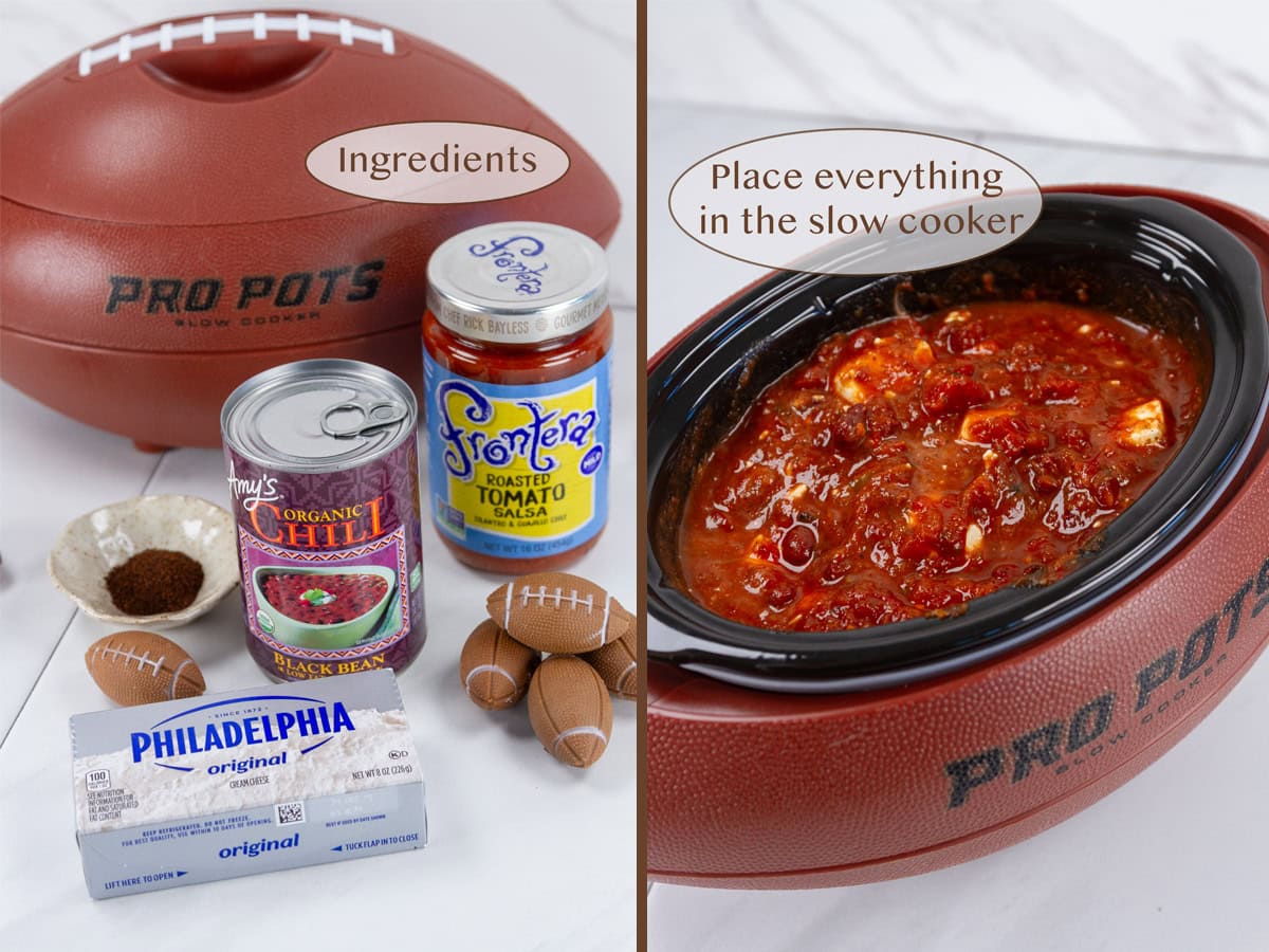 ingredients on left and added to the slow cooker on right.