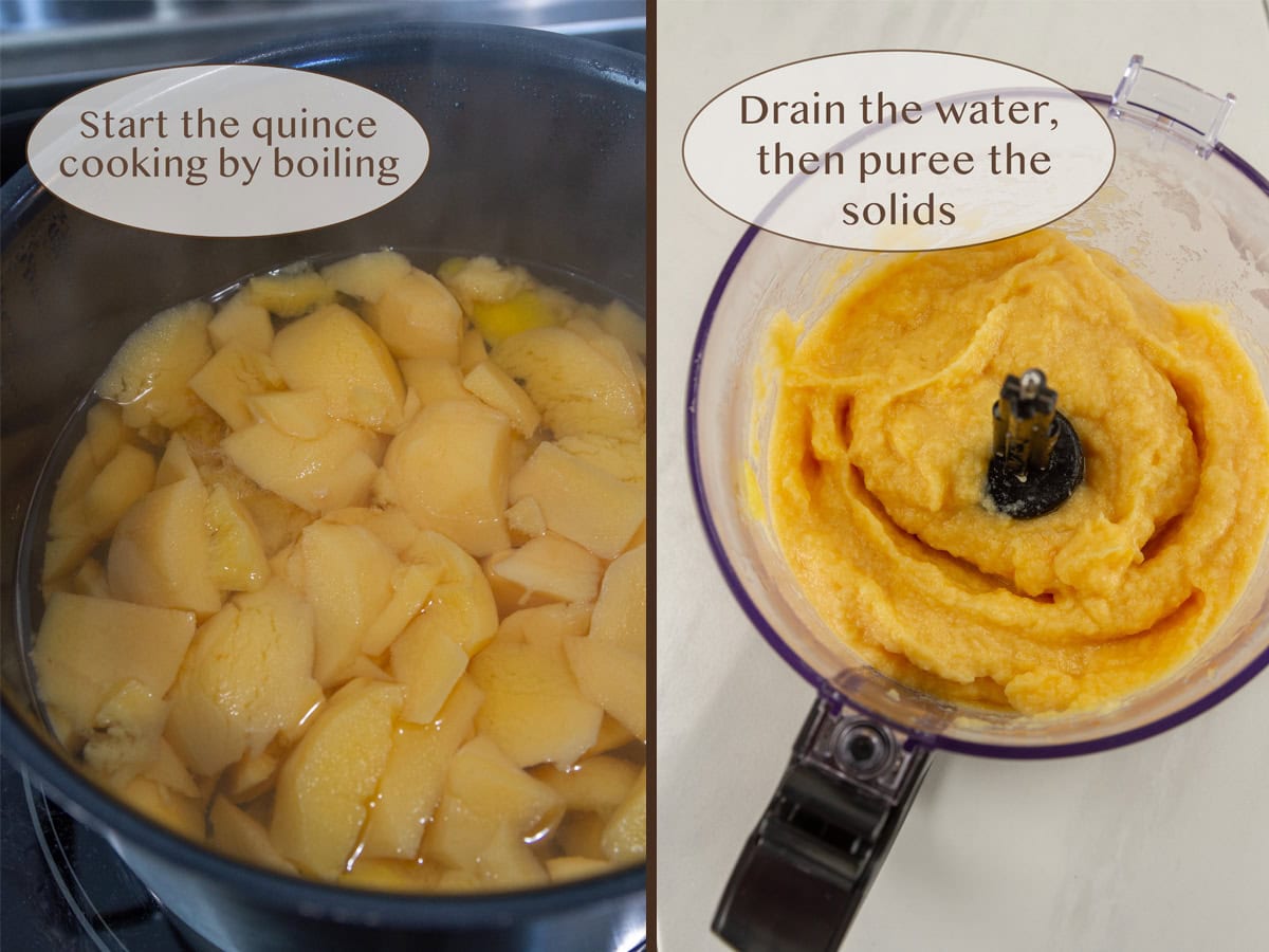 boiling quince on left and pureeing the fruit on right.