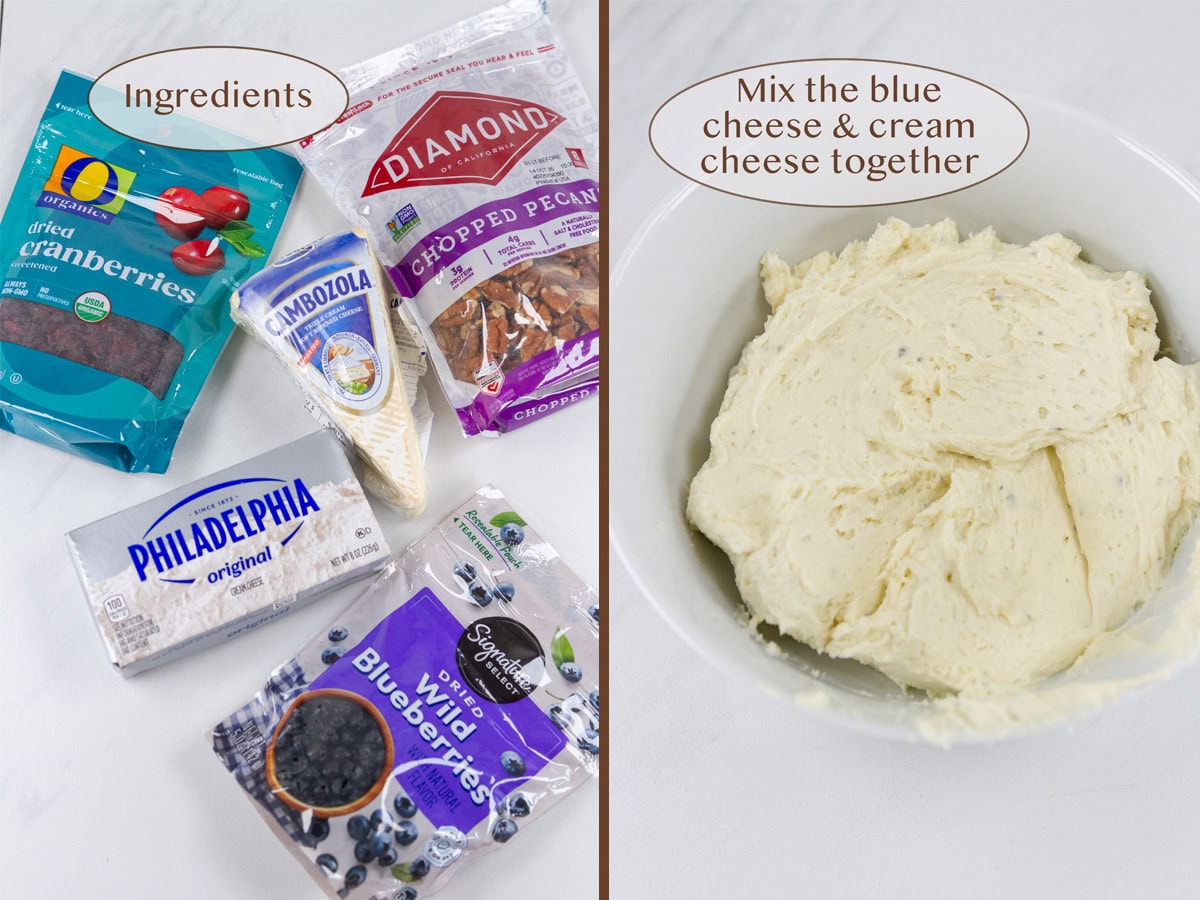 ingredients on left and blended cheeses on right.