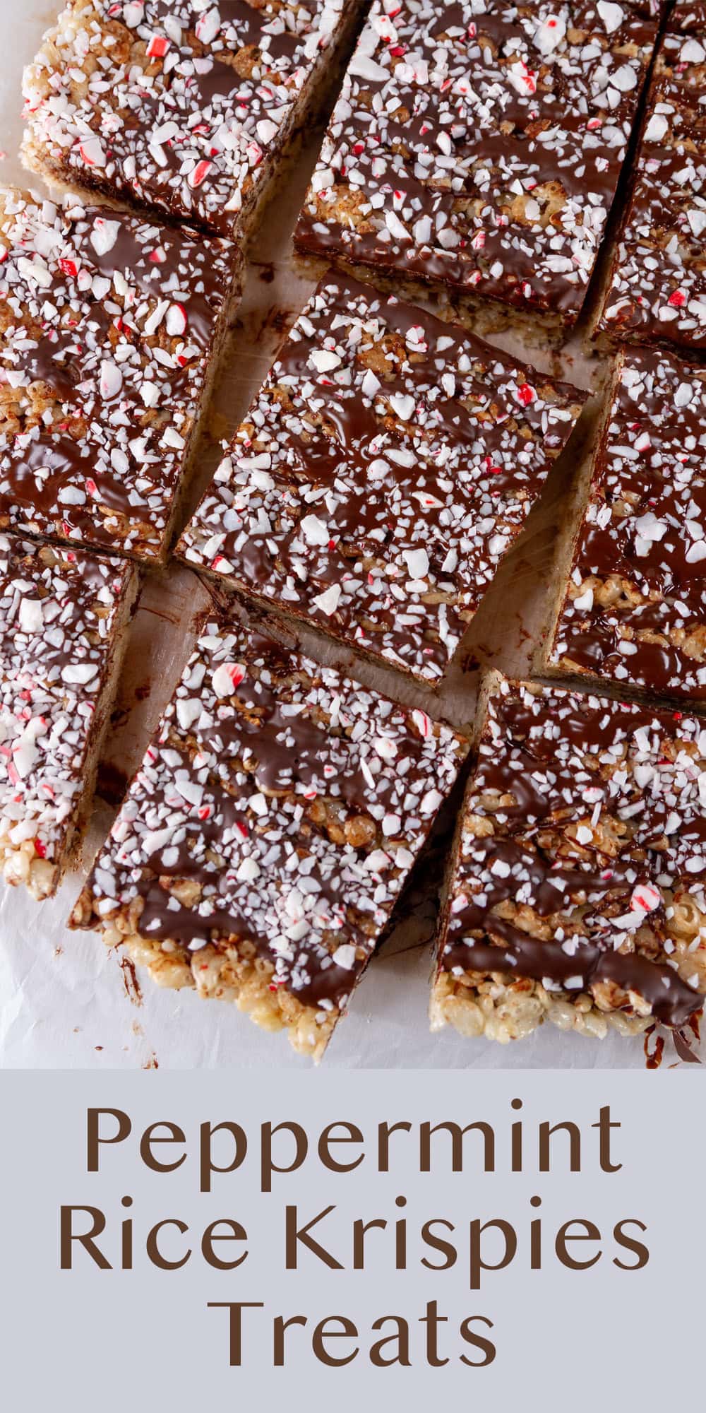 a pan of rice crispy treats that are topped with chocolate and peppermint cut into squares.