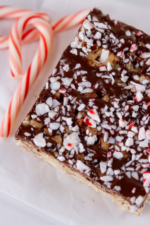 looking down on a chocolate covered dessert with peppermint and candy canes next to it.