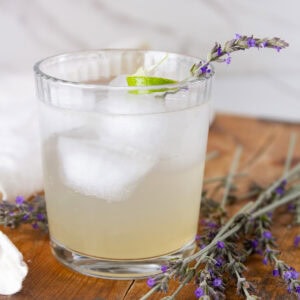 square crop of a glass or iced lavender Collins with sprigs of lavender around.