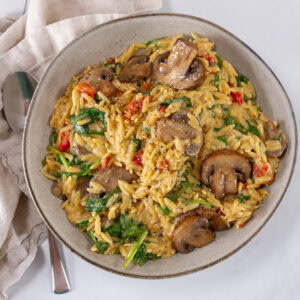 square crop looking down into a serving bowl of orzo pasta with veggies in a creamy sauce.