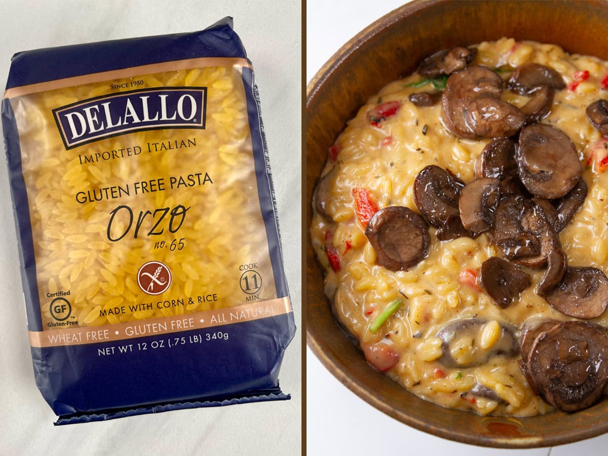 a bag of gluten free orzo pasta on left and the cooked mushroom orzo with that gf pasta.