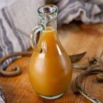 square crop of a glass jar of flavored syrup.