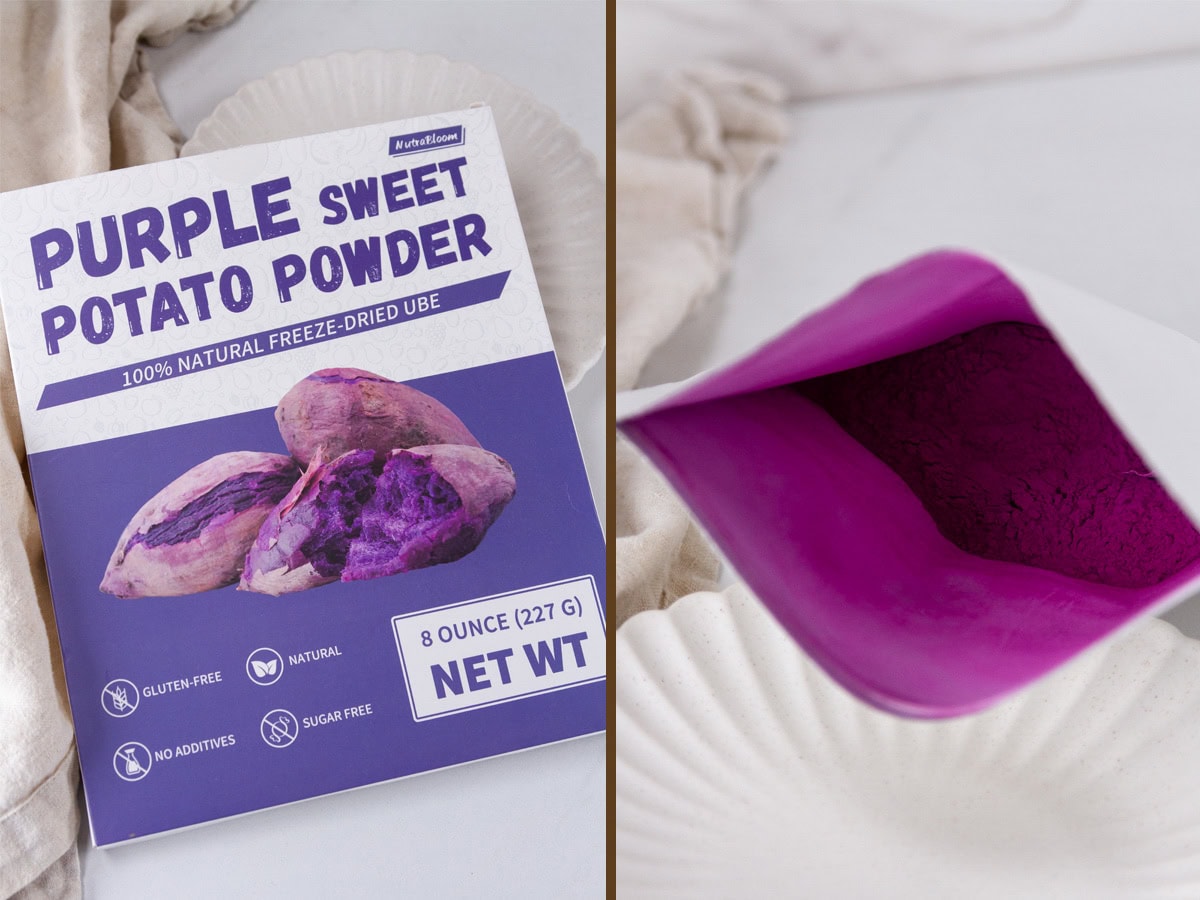 ube powder box on left and the open pouch on right.