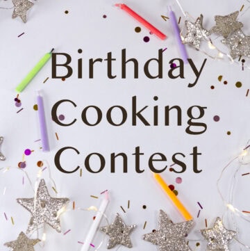 text announcing birthday cooking contest with confetti and candles in the background.