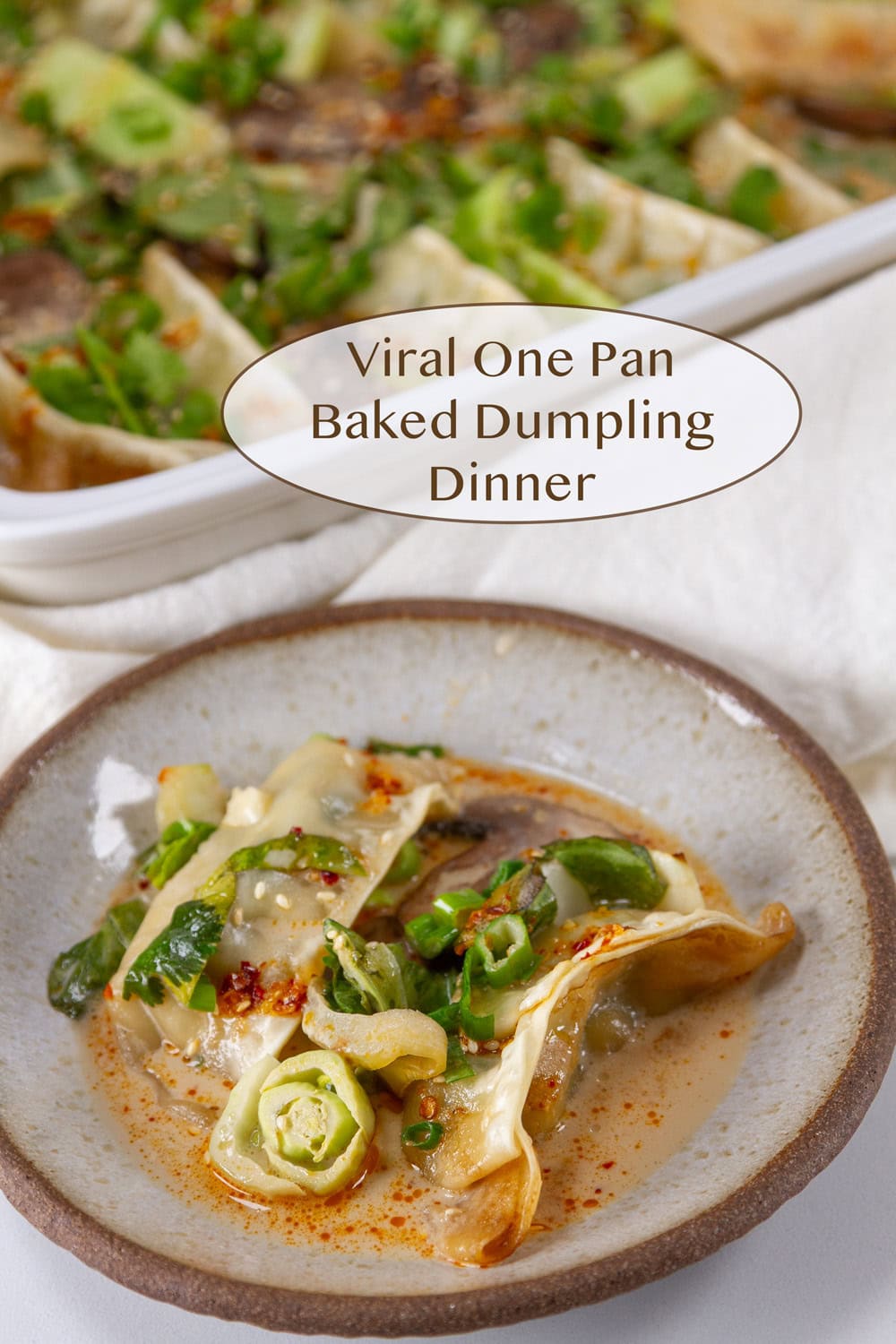 a serving on dumplings on a plate in front of the casserole dish of the baked dumplings.