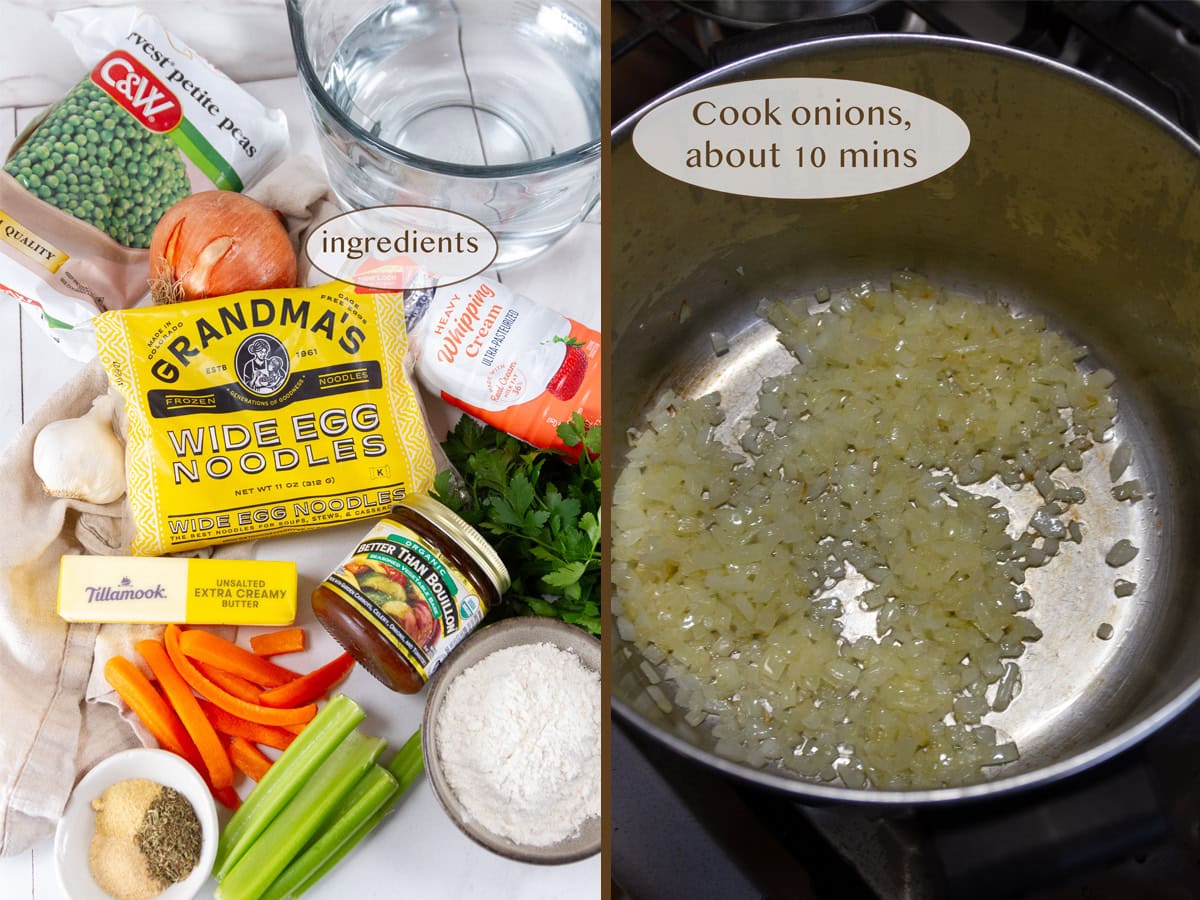 ingredients on left and cooking onions on right.