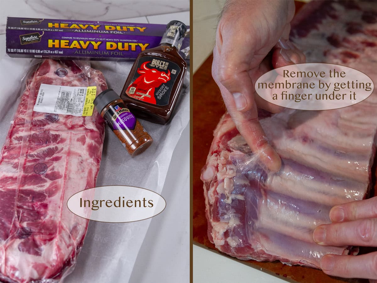 ingredients on left and removing rib membrane on right.