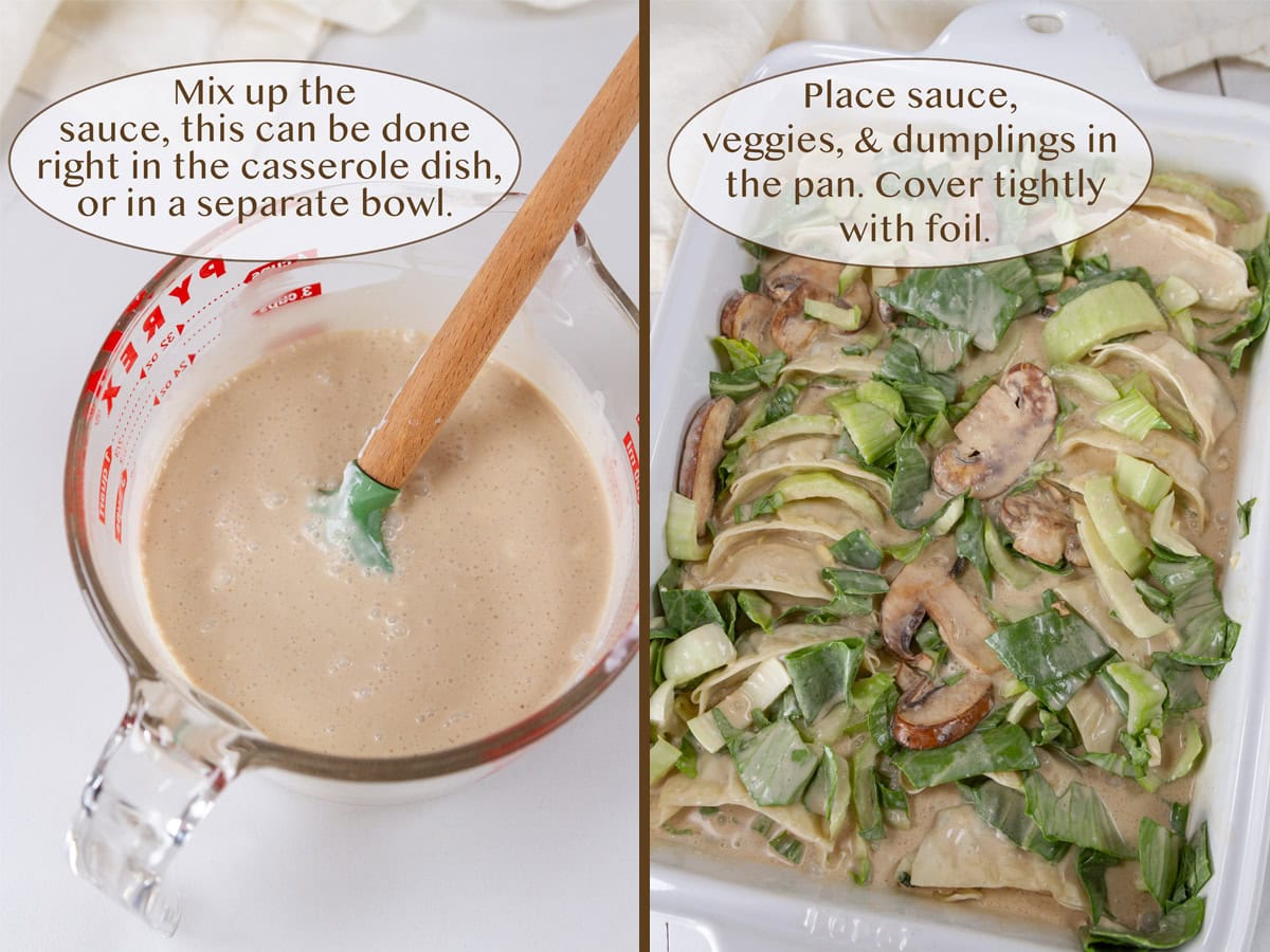 sauce in a glass measuring cup on left and dumplings, veggies, and sauce in a casserole dish on right.