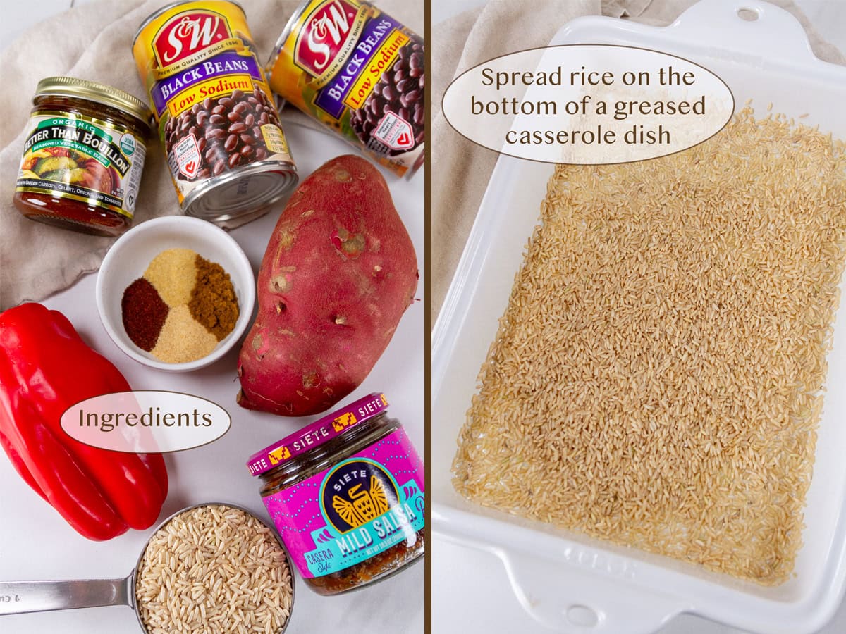 ingredients on left and brown rice in the bottom of the casserole dish on right.
