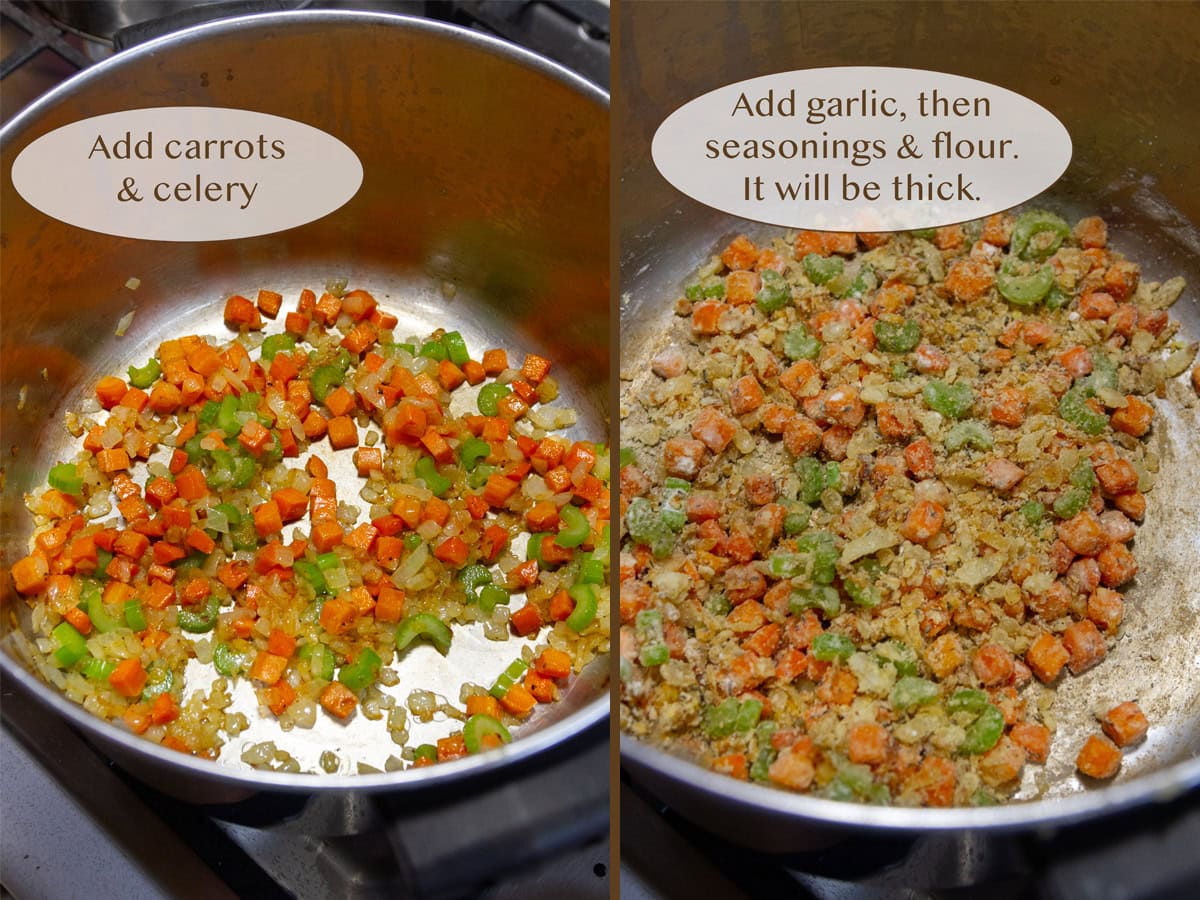 veggies add to the soup pot on left and with flour and seasonings on right.