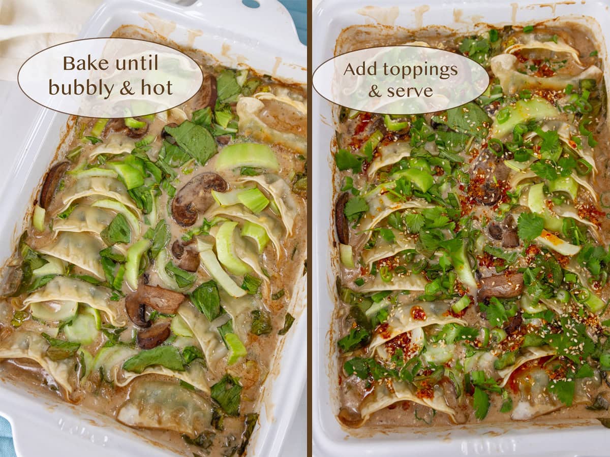 baked dumplings on left and garnished with herbs and spices on right.