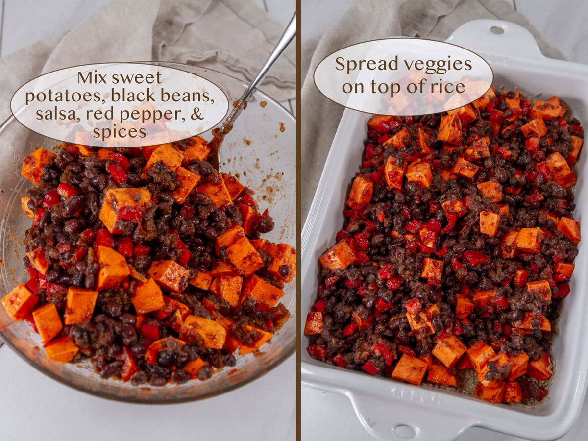 mixed ingredients in a bowl on left and added to casserole dish on right.