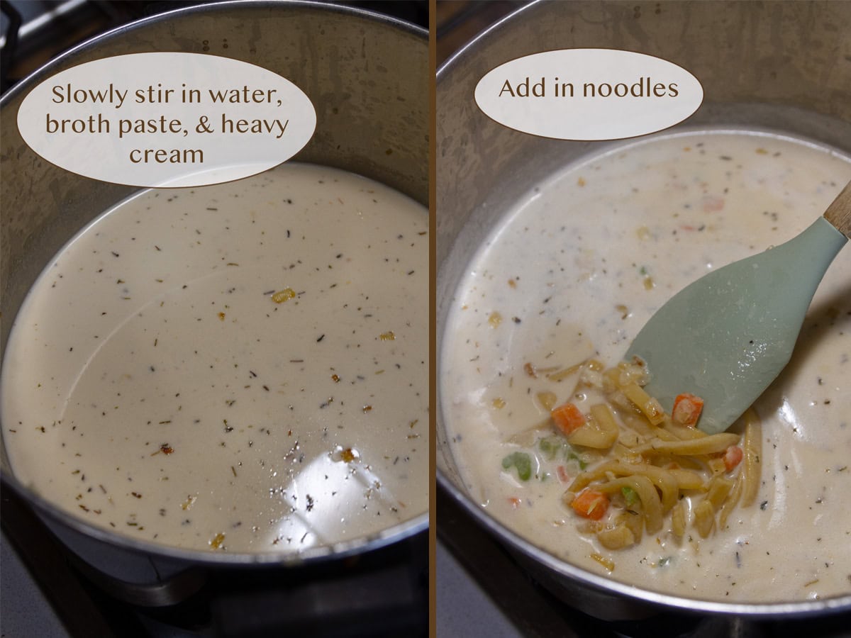 added broth and cream to the soup pot on left and noodles added on right.