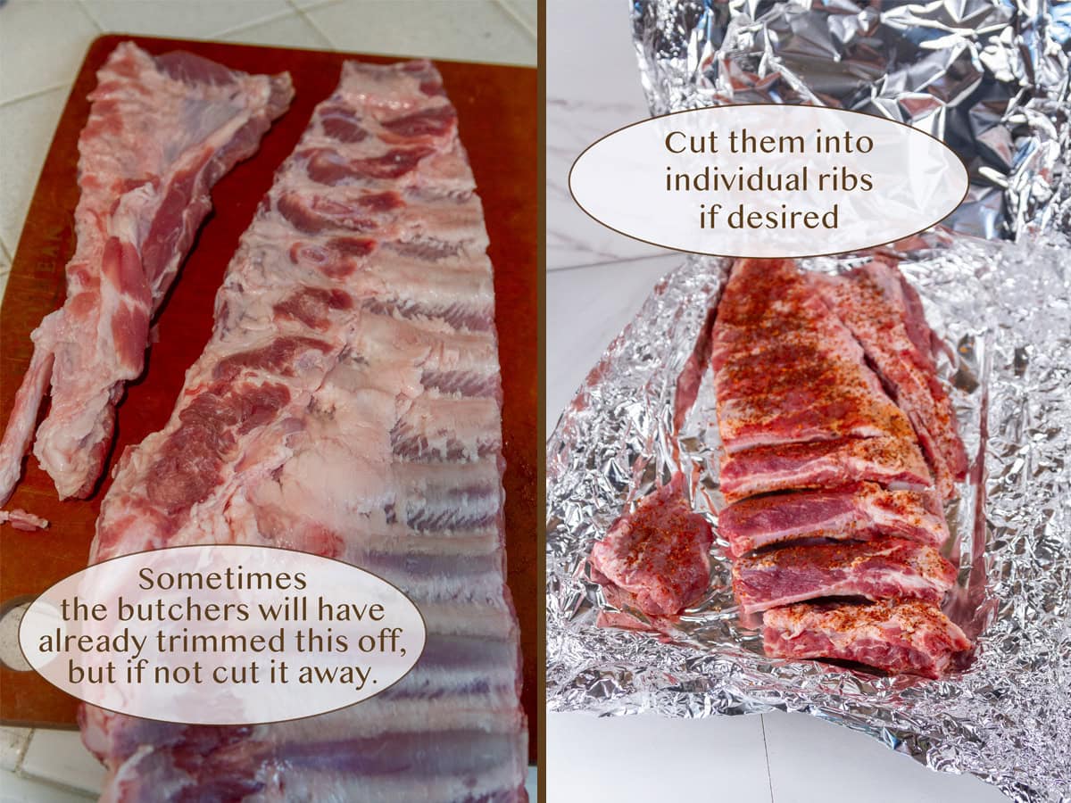 trimming the rack of ribs on left and cut into individual ribs on right.
