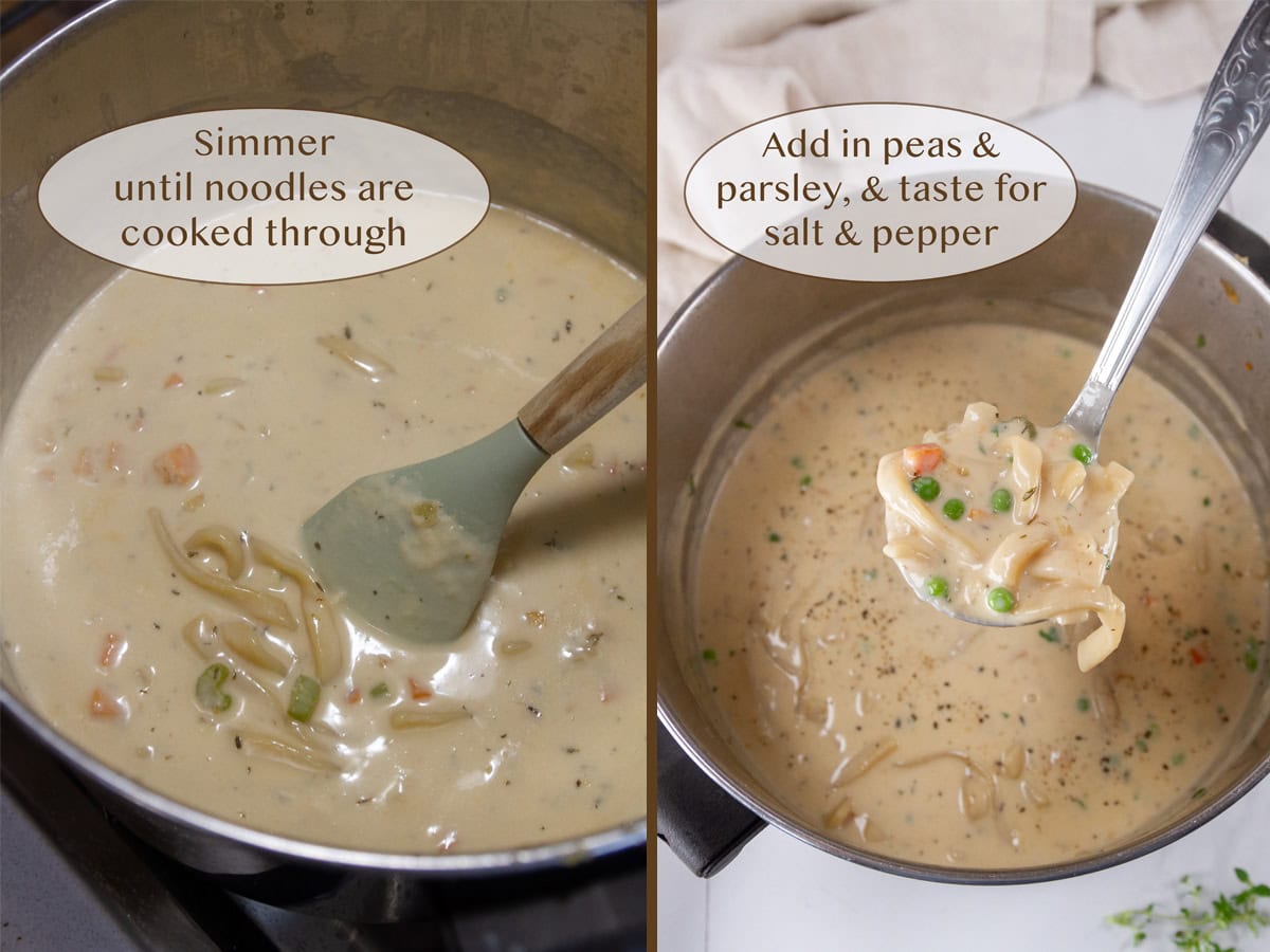 cooked noodles in soup on left and serving up finished soup on right.