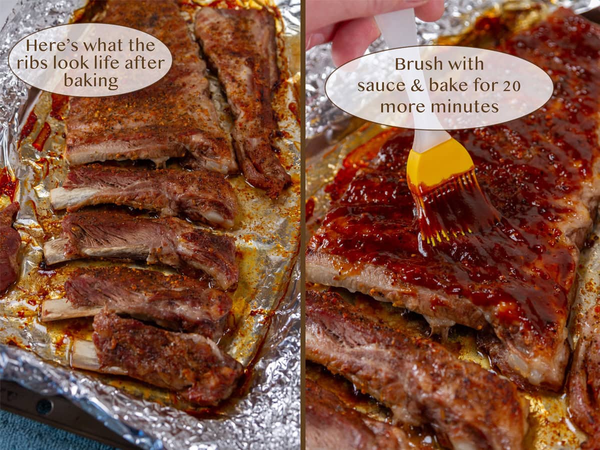 cooked ribs on left and brushing with BBQ sauce on right.