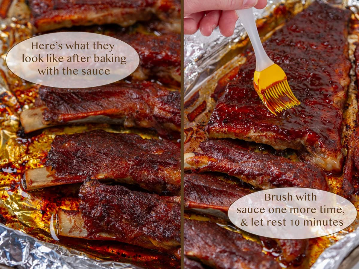 sauced baked ribs on left and with the final brushing of sauce on right.