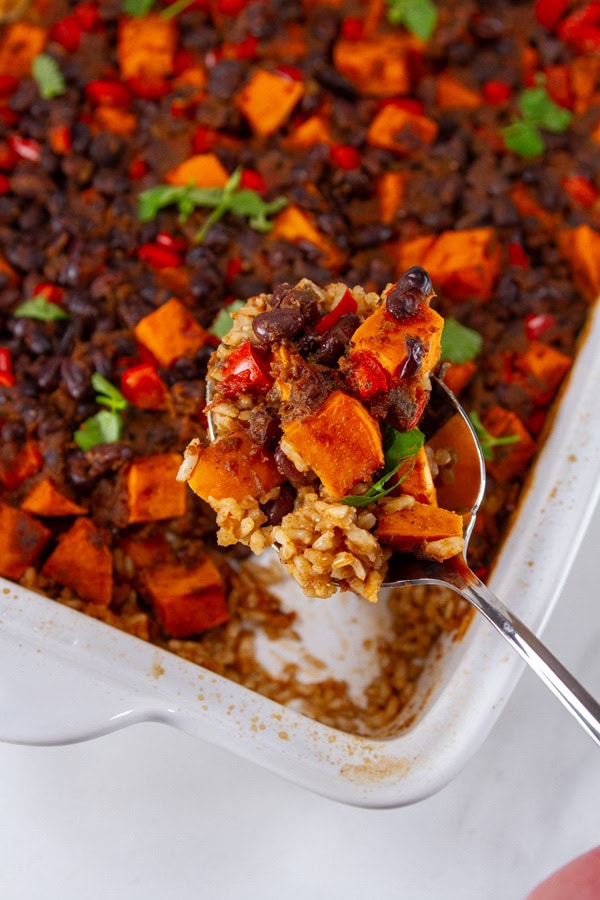looking down into a casserole dish and a spoonful of casserole is being served.
