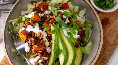 a bowl of black bean casserole topped with avocado and a small bowl of cilantro in the upper right.