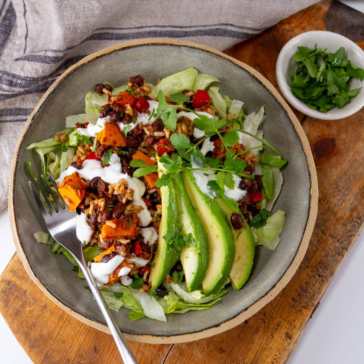 a bowl of black bean casserole topped with avocado and a small bowl of cilantro in the upper right.