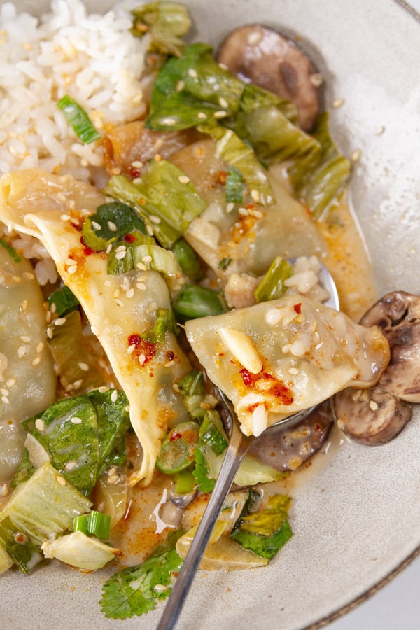 a bite of dumpling on a spoon in the plate with the dumplings and rice.