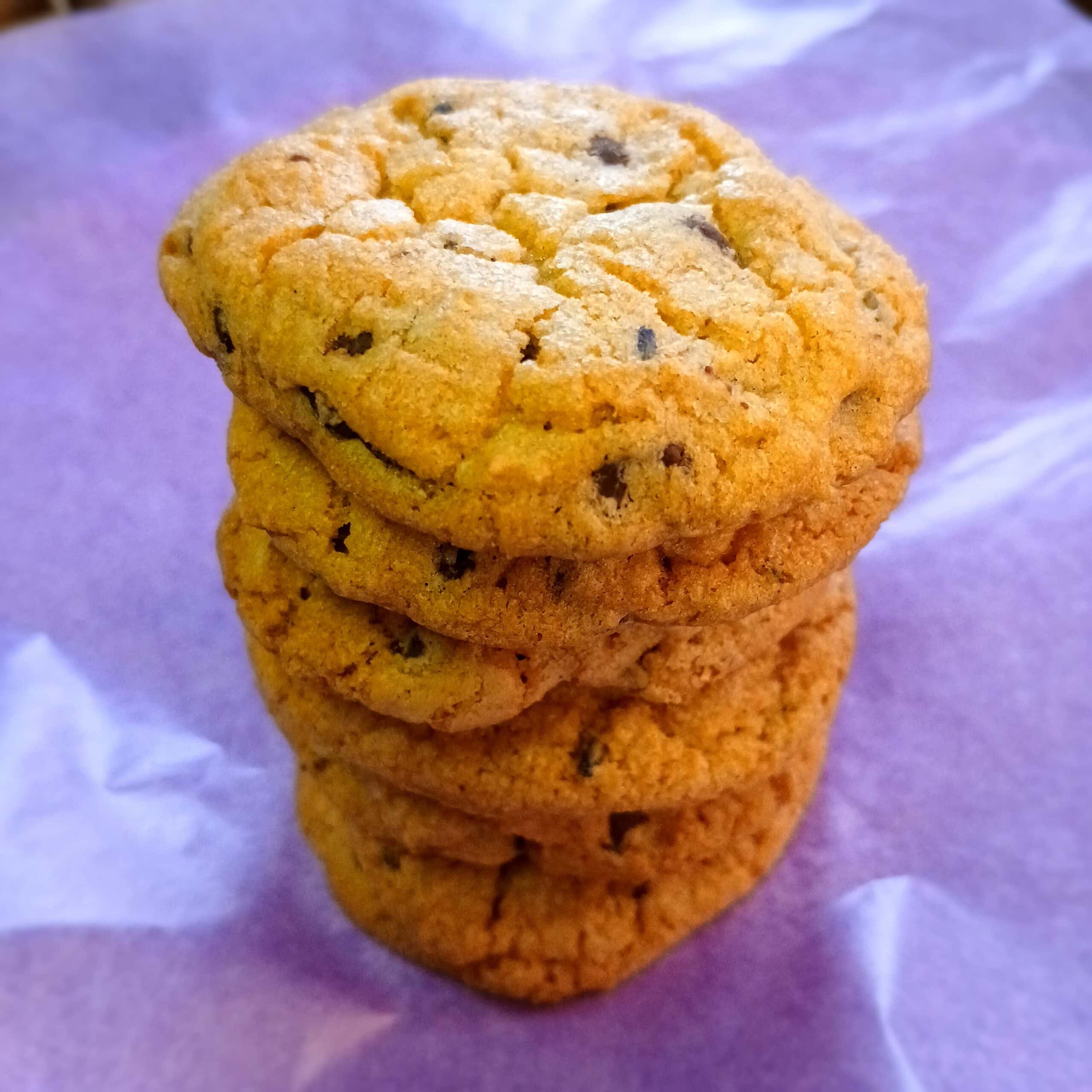 a stack of lavender chocolate chip cookies.